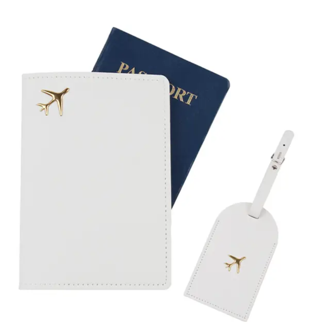 Passport Cover & Luggage Tag Set – PU Leather Travel Wallet Holder with Gold Airplane Emblem, Unisex Organizer & Gift for Men & Women