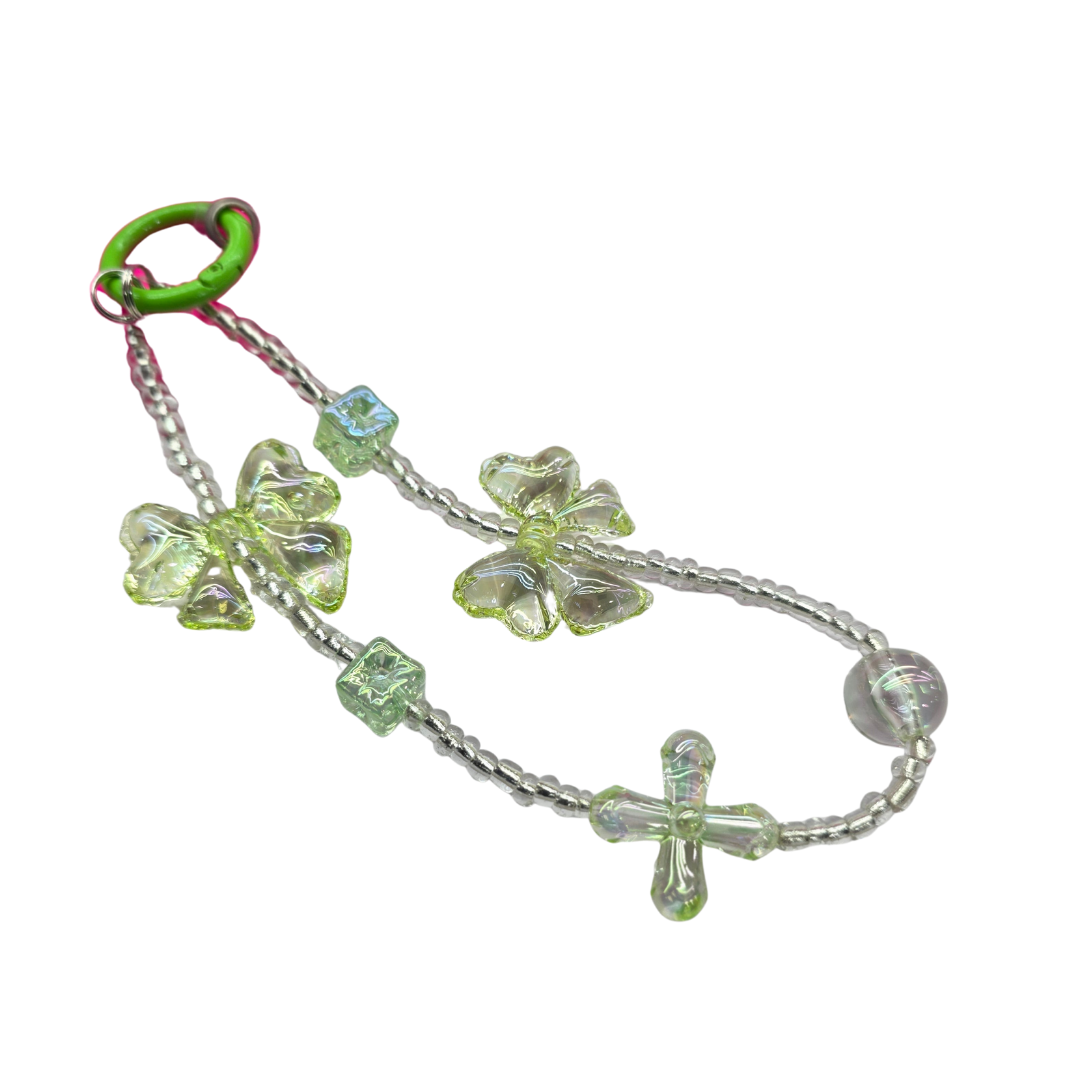 Bow Beaded Phone Charm – Transparent Green Strap with Crystal Butterfly & Cube Beads, Cute Lanyard for Phones, Bags & Keychains