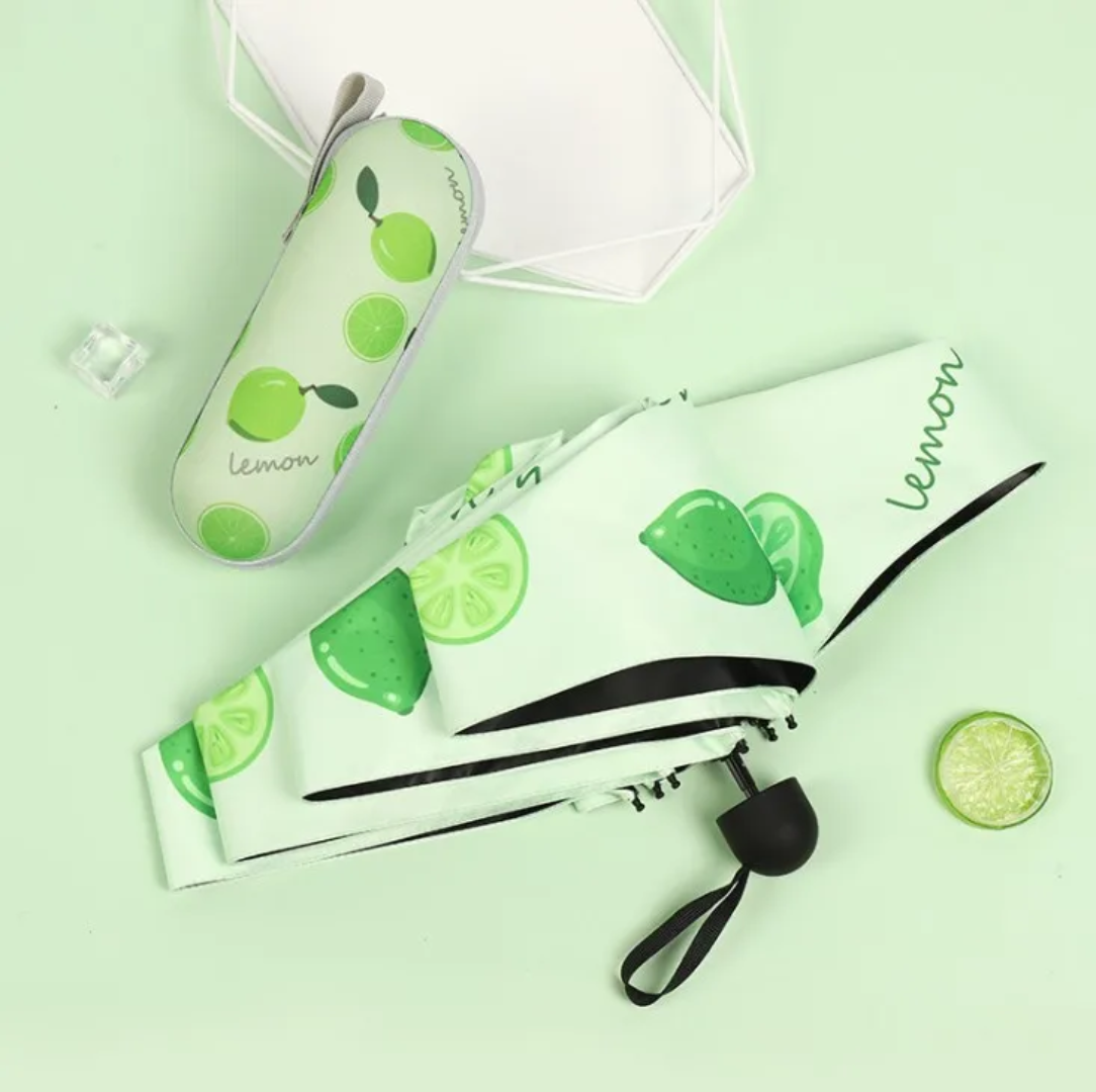 Fruit Design Windproof Umbrella with Pouch – Cute Peach, Avocado, Lemon & Grape Patterns, Portable Folding Travel Umbrella
