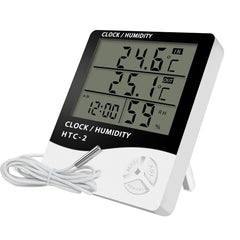 Digital Temperature Thermometer Hygrometer HTC-2 with Clock & Alarm – Indoor Outdoor LCD Display for Home, Office, Greenhouse