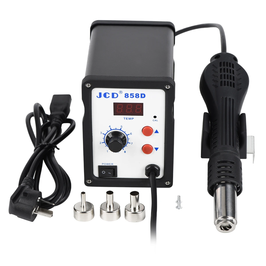 JCD 858D Hot Air Rework Station with Digital Display – Adjustable 100–480°C SMD Soldering Desoldering Tool + 3 Nozzles