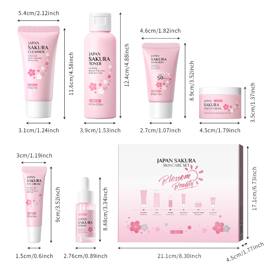 Japan Sakura 6-in-1 Facial Skincare Set – Cleanser, Toner, Serum, Eye Cream, Sunscreen & Essence Cream