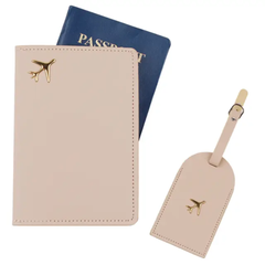 Passport Cover & Luggage Tag Set – PU Leather Travel Wallet Holder with Gold Airplane Emblem, Unisex Organizer & Gift for Men & Women