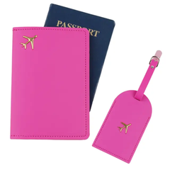 Passport Cover & Luggage Tag Set – PU Leather Travel Wallet Holder with Gold Airplane Emblem, Unisex Organizer & Gift for Men & Women
