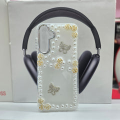 Samsung Galaxy S25 Ultra Luxury Pearl Butterfly Case – Clear Soft Cover with 3D Gold Roses, Glitter Butterflies & Shockproof Protection
