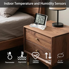 Digital Temperature Thermometer Hygrometer HTC-2 with Clock & Alarm – Indoor Outdoor LCD Display for Home, Office, Greenhouse