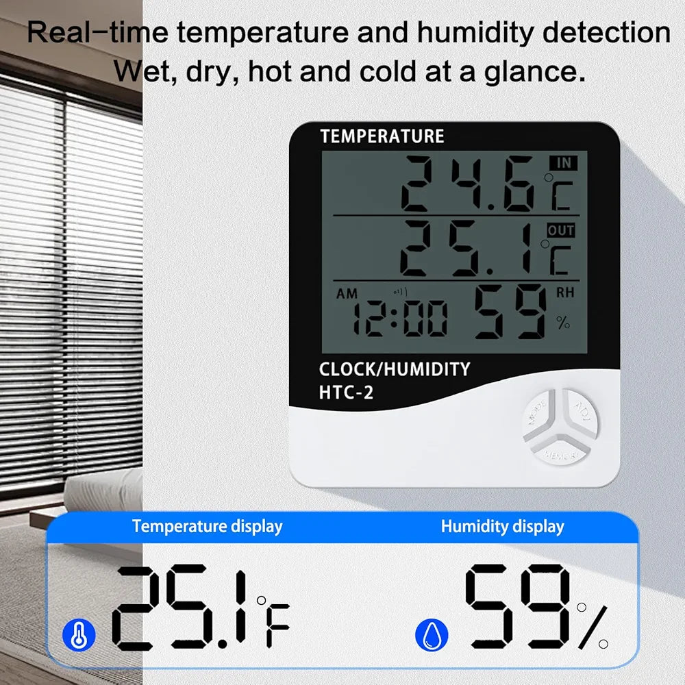 Digital Temperature Thermometer Hygrometer HTC-2 with Clock & Alarm – Indoor Outdoor LCD Display for Home, Office, Greenhouse