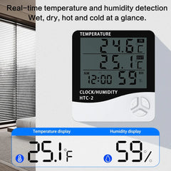 Digital Temperature Thermometer Hygrometer HTC-2 with Clock & Alarm – Indoor Outdoor LCD Display for Home, Office, Greenhouse