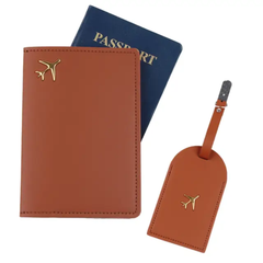 Passport Cover & Luggage Tag Set – PU Leather Travel Wallet Holder with Gold Airplane Emblem, Unisex Organizer & Gift for Men & Women