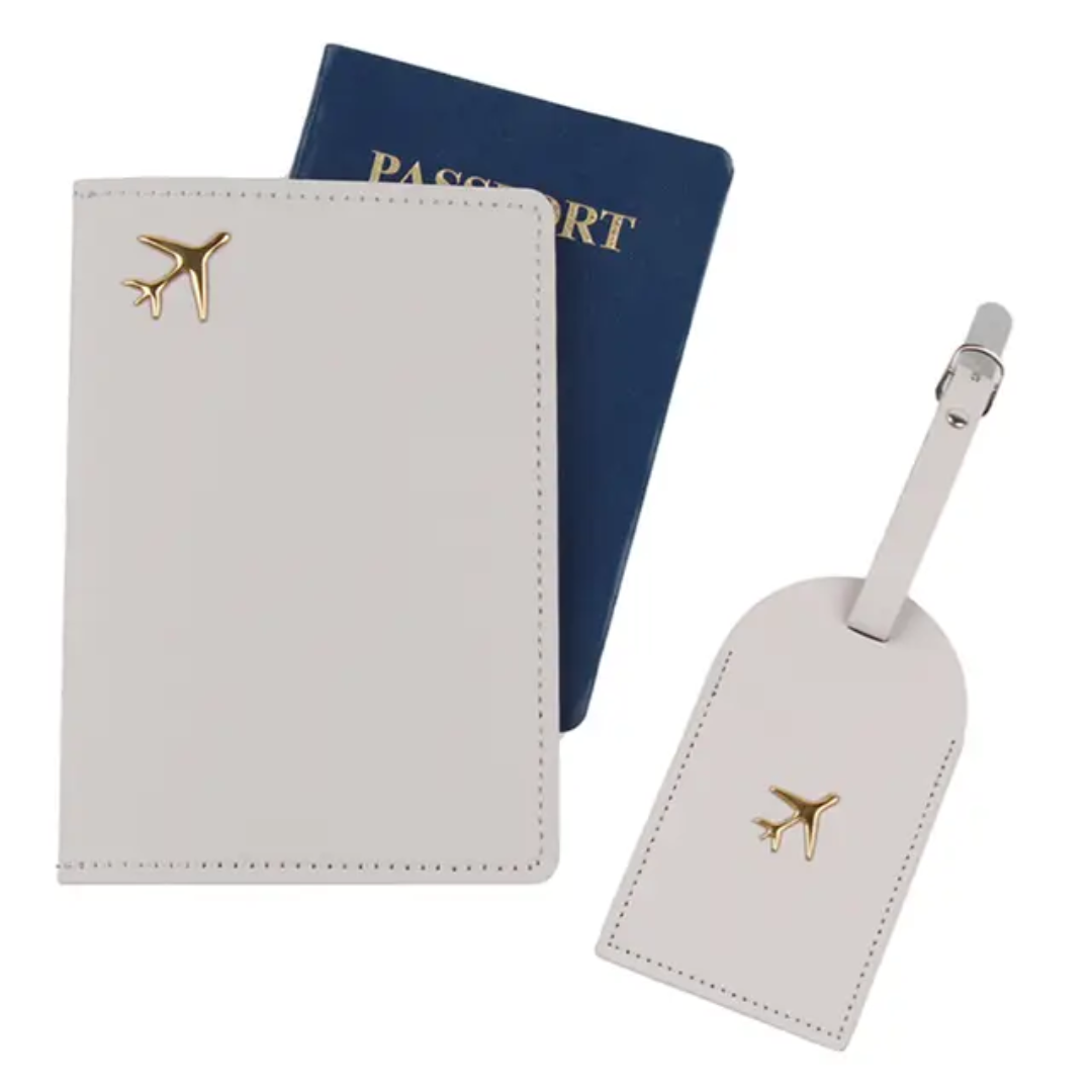 Passport Cover & Luggage Tag Set – PU Leather Travel Wallet Holder with Gold Airplane Emblem, Unisex Organizer & Gift for Men & Women