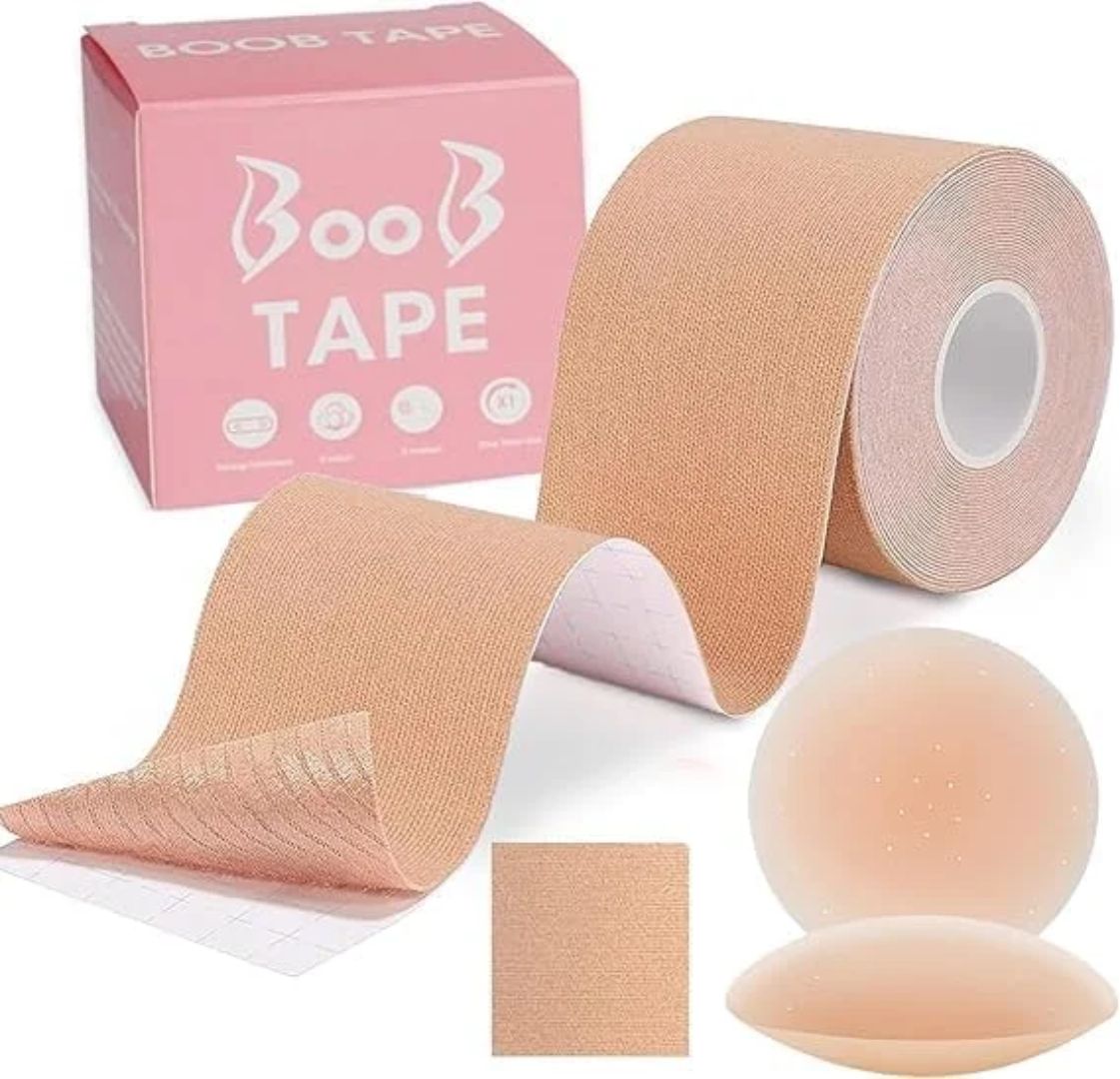 Boob Tape with 2 Nipple Covers – Nude, Black & Chocolate Brown Breast Lift Tape, Invisible Backless Strapless Bra Alternative