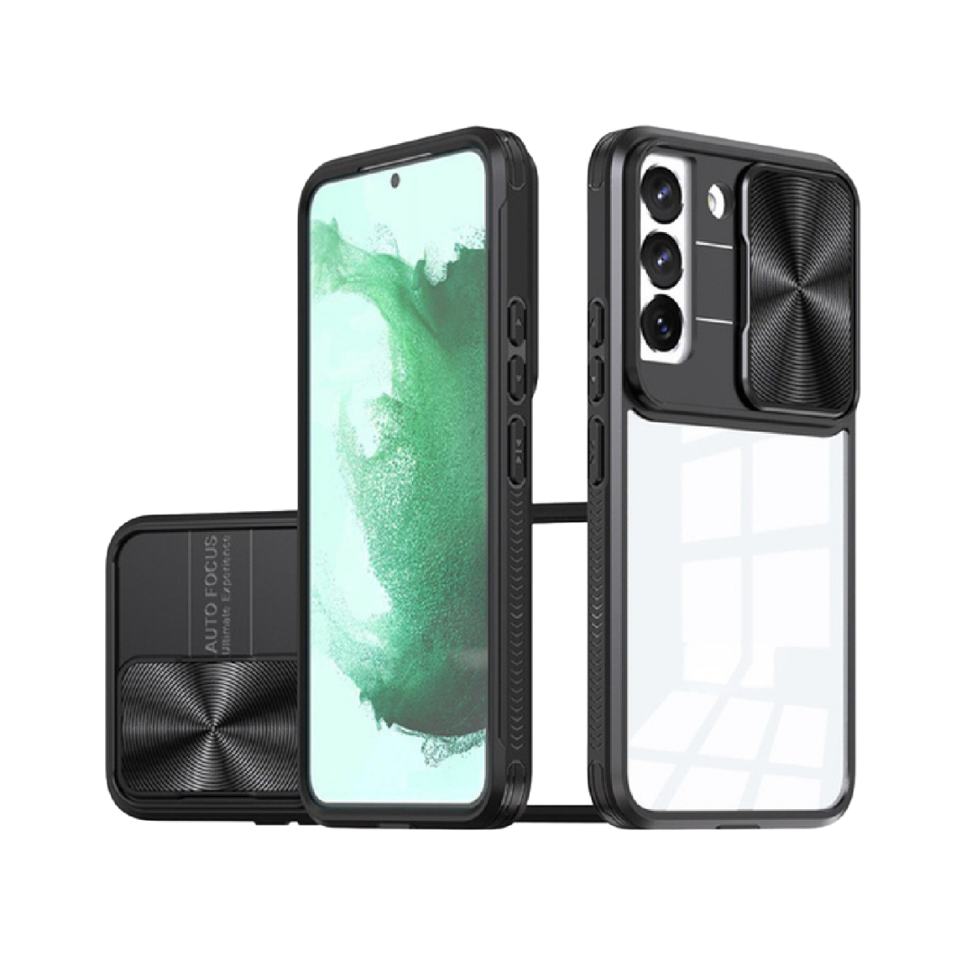Samsung Galaxy S23 Plus Acrylic Case – 2-in-1 Clear Back Cover with Sliding Camera Lens Protector, Shockproof TPU Bumper, Slim Lightweight Design