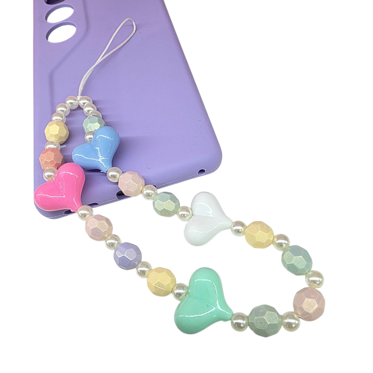 Pastel Heart Beaded Phone Charm Strap with Pearls – Colorful Wrist Strap Accessory for iPhone, Samsung and All Smartphones