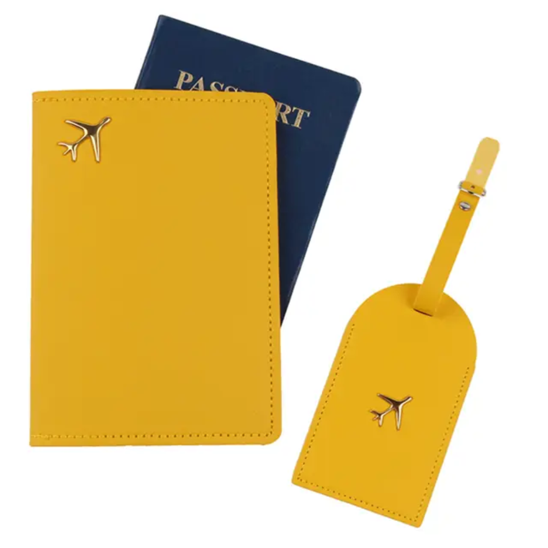 Passport Cover & Luggage Tag Set – PU Leather Travel Wallet Holder with Gold Airplane Emblem, Unisex Organizer & Gift for Men & Women