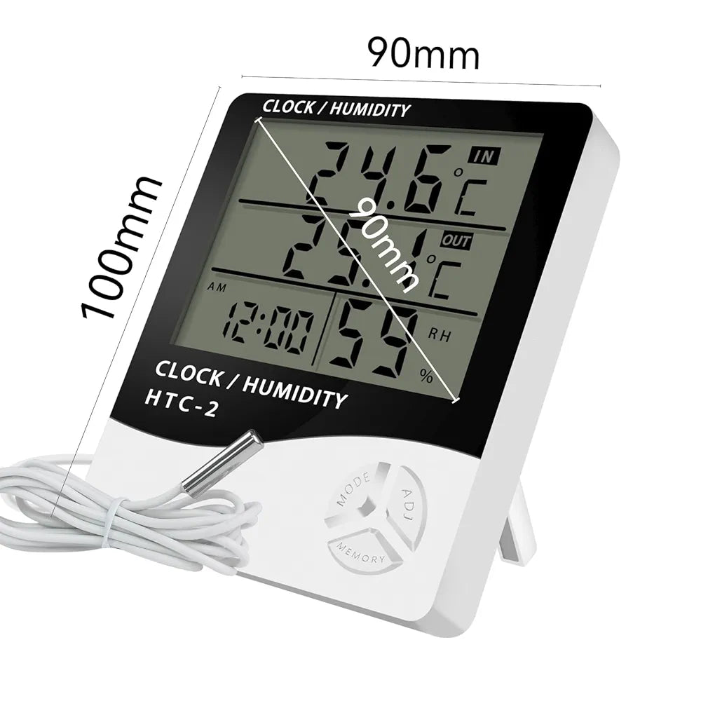 Digital Temperature Thermometer Hygrometer HTC-2 with Clock & Alarm – Indoor Outdoor LCD Display for Home, Office, Greenhouse
