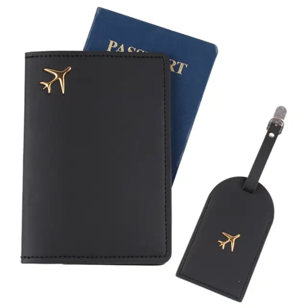 Passport Cover & Luggage Tag Set – PU Leather Travel Wallet Holder with Gold Airplane Emblem, Unisex Organizer & Gift for Men & Women