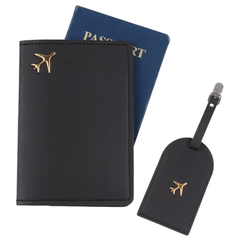 Passport Cover & Luggage Tag Set – PU Leather Travel Wallet Holder with Gold Airplane Emblem, Unisex Organizer & Gift for Men & Women