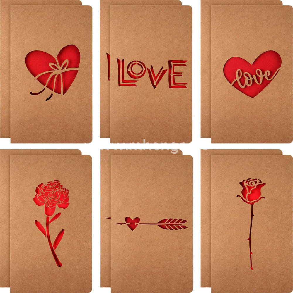 Valentine’s Day Gift Cards Greeting 6 Assorted Kraft Die Cut Designs For Anniversaries Envelopes